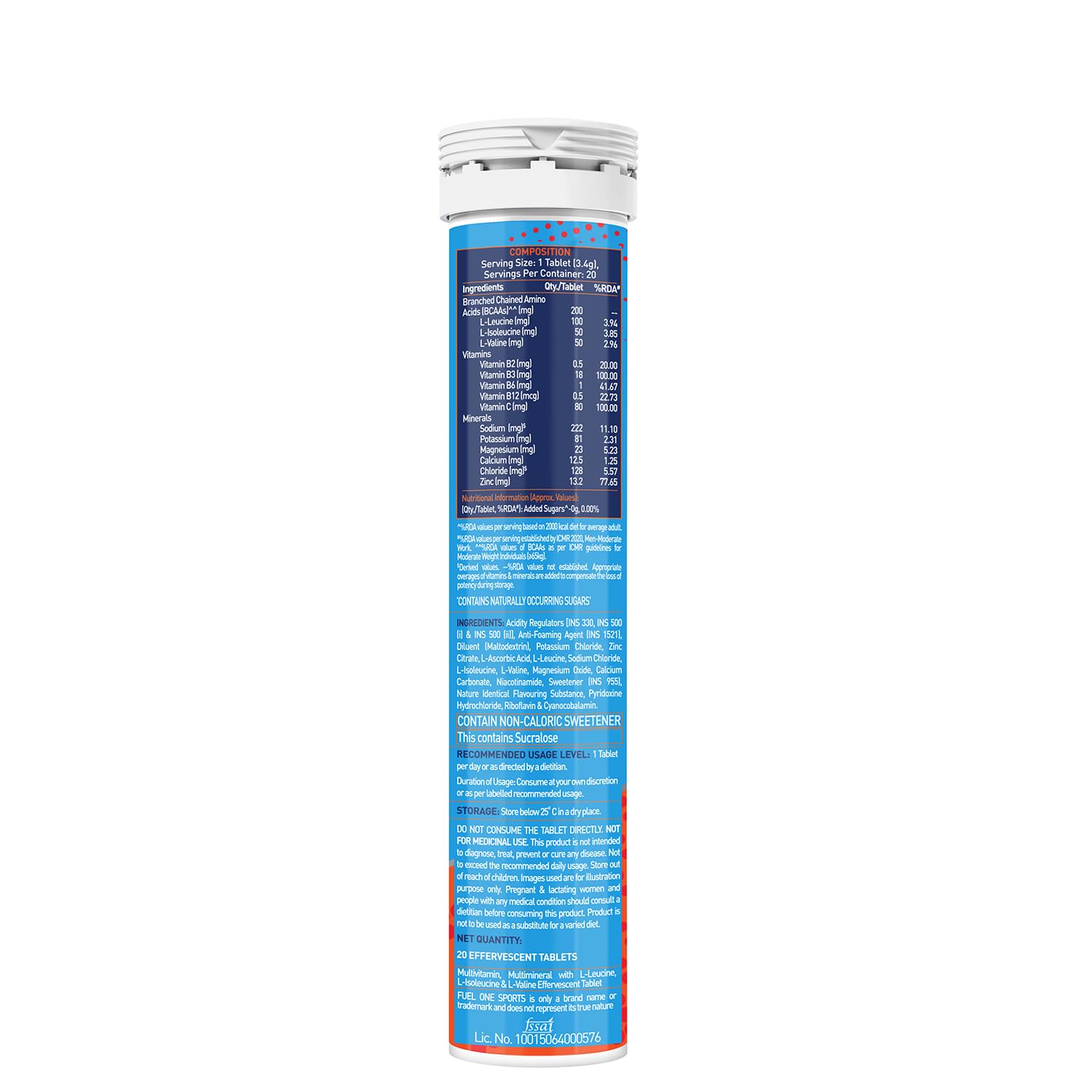 MuscleBlaze Fuel One Sports Hydr8 Electrolyte Supplement, 20 Effervescent Tablets, Unisex Adult - label detail