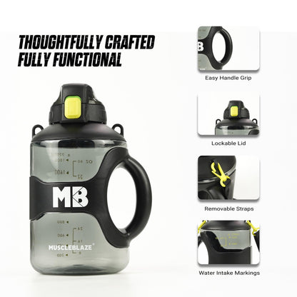 MuscleBlaze Gym Gallon Water Bottle, 2.2L, BPA-Free Plastic, Ergonomic Handle, Leakproof Lid, Unisex - label detail