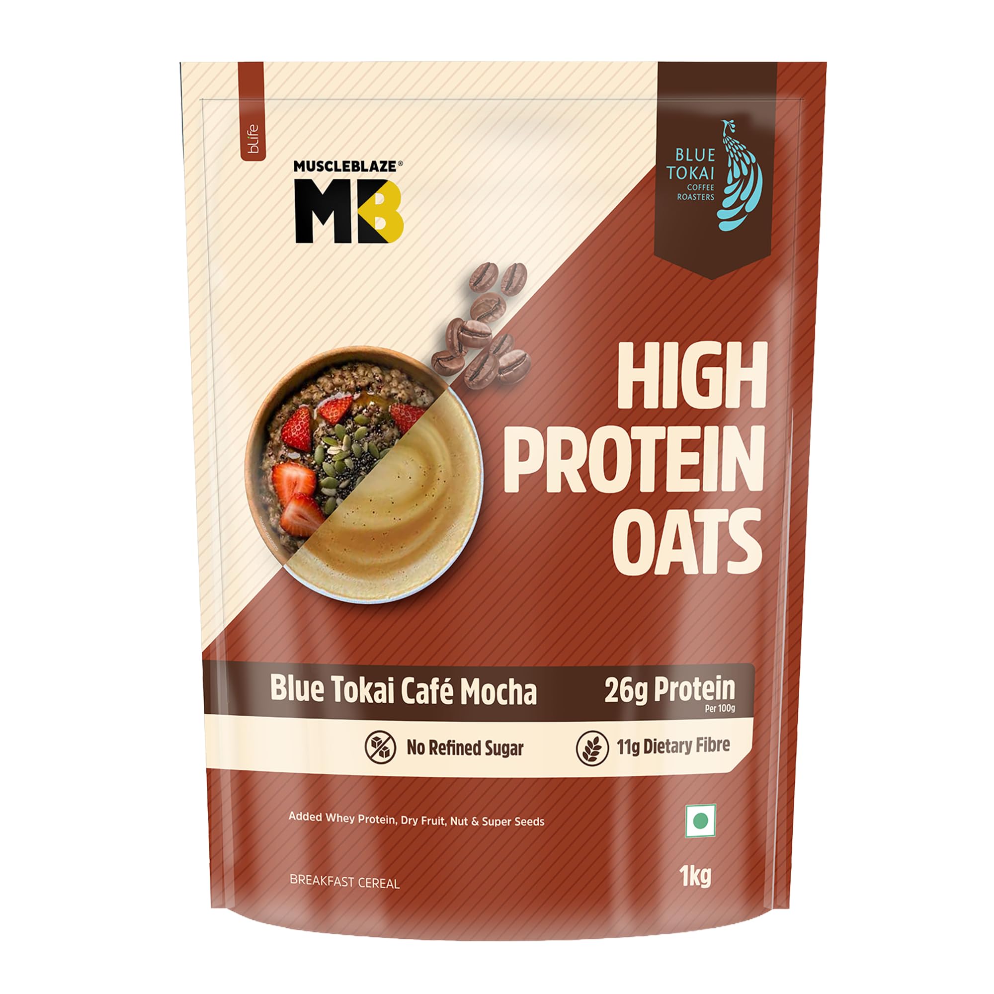 MuscleBlaze High Protein Oats, Blue Tokai Cafe Mocha, Whey Protein Enriched, Adult Formula