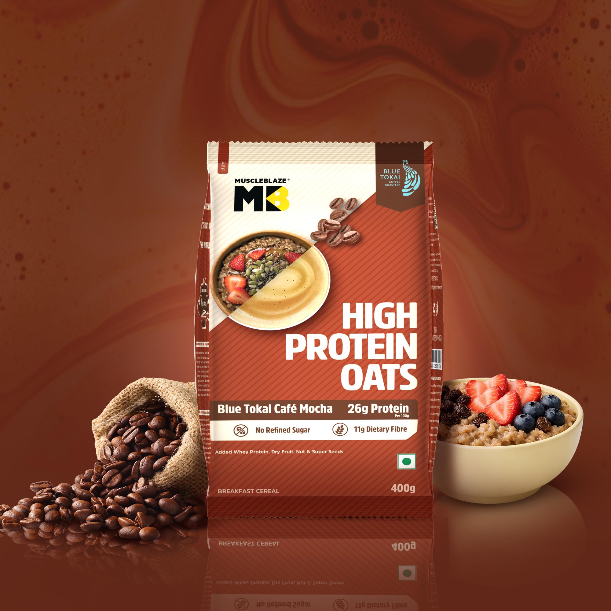 MuscleBlaze High Protein Oats, Blue Tokai Cafe Mocha, Whey Protein Enriched, Adult Formula - front view (11)