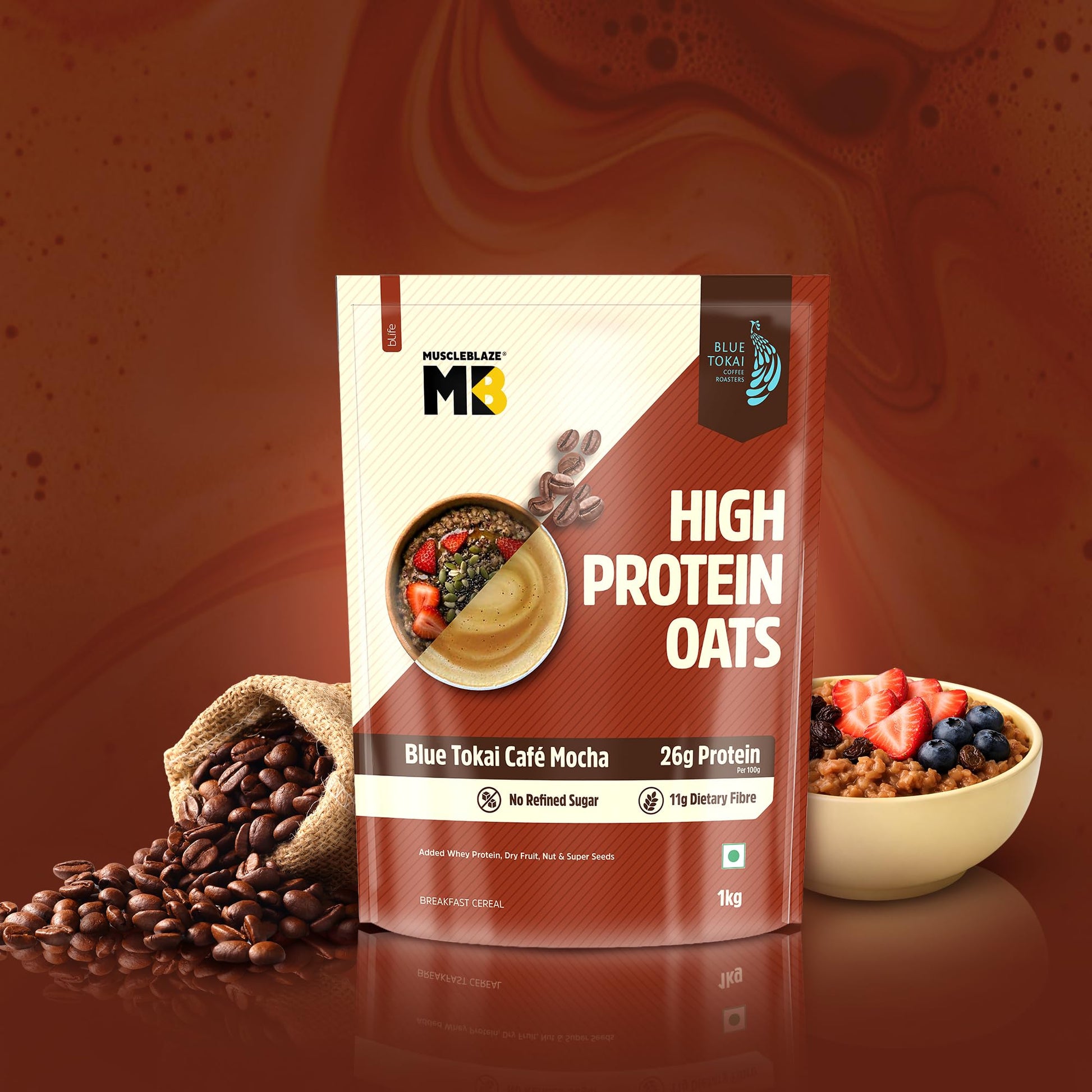 MuscleBlaze High Protein Oats, Blue Tokai Cafe Mocha, Whey Protein Enriched, Adult Formula - front view