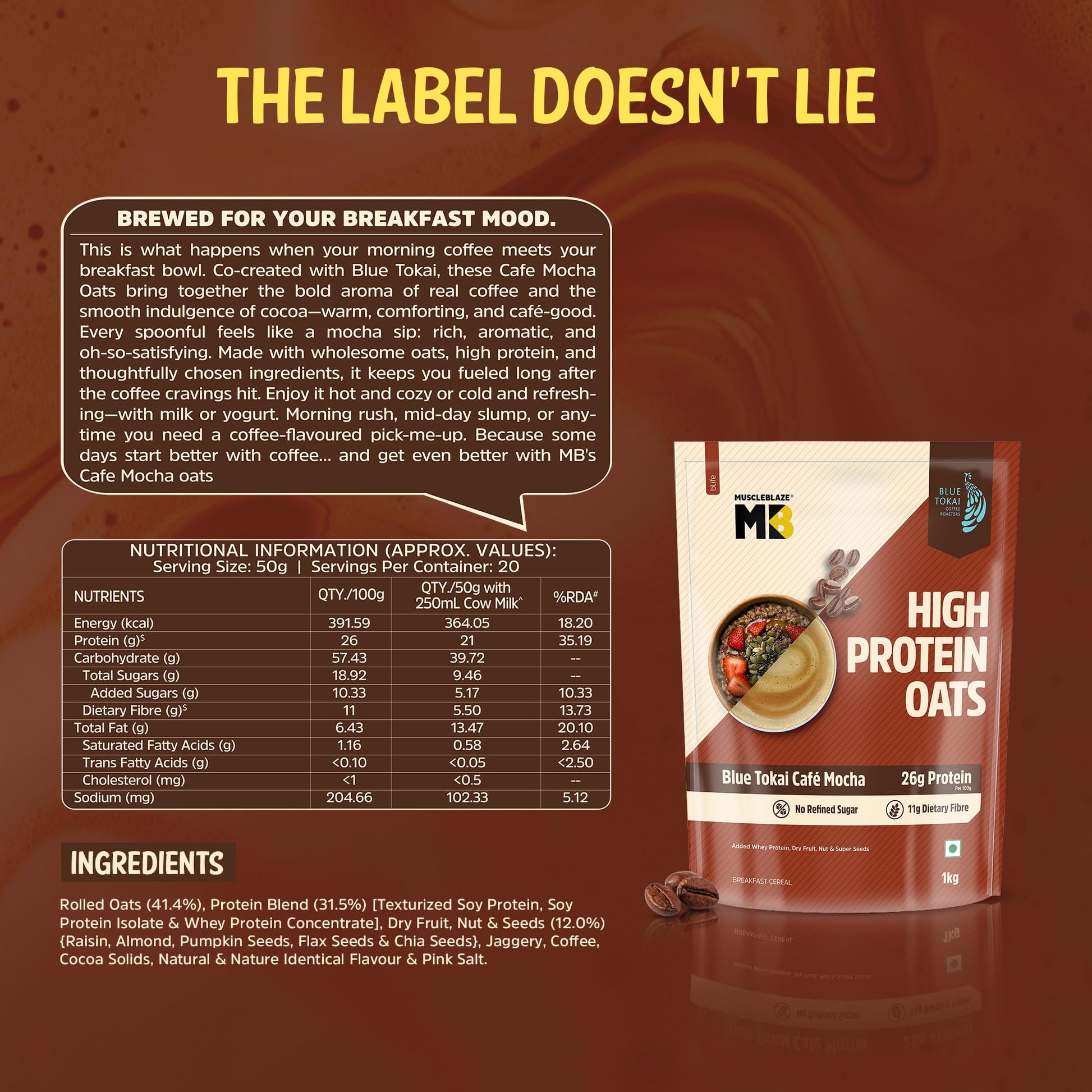 MuscleBlaze High Protein Oats, Blue Tokai Cafe Mocha, Whey Protein Enriched, Adult Formula - close-up detail