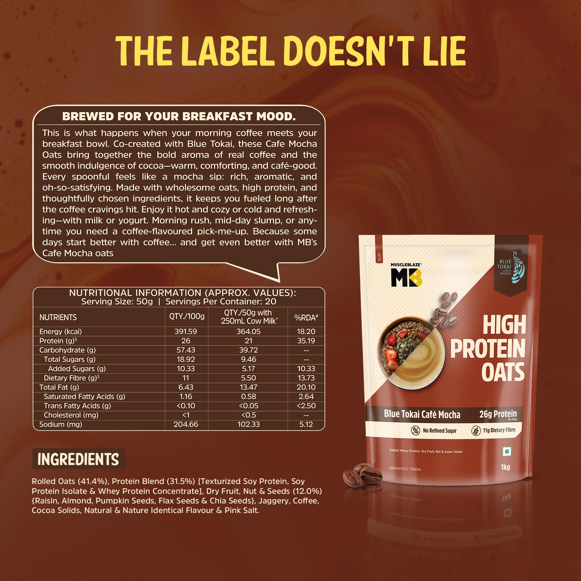 MuscleBlaze High Protein Oats, Blue Tokai Cafe Mocha, Whey Protein Enriched, Adult Formula - close-up detail