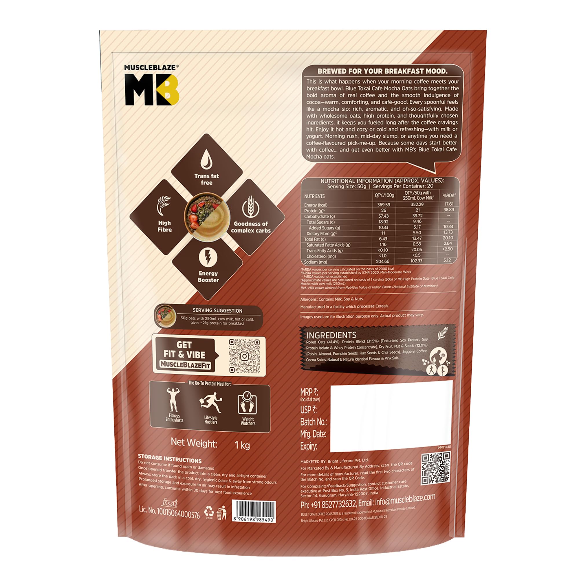 MuscleBlaze High Protein Oats, Blue Tokai Cafe Mocha, Whey Protein Enriched, Adult Formula - in use