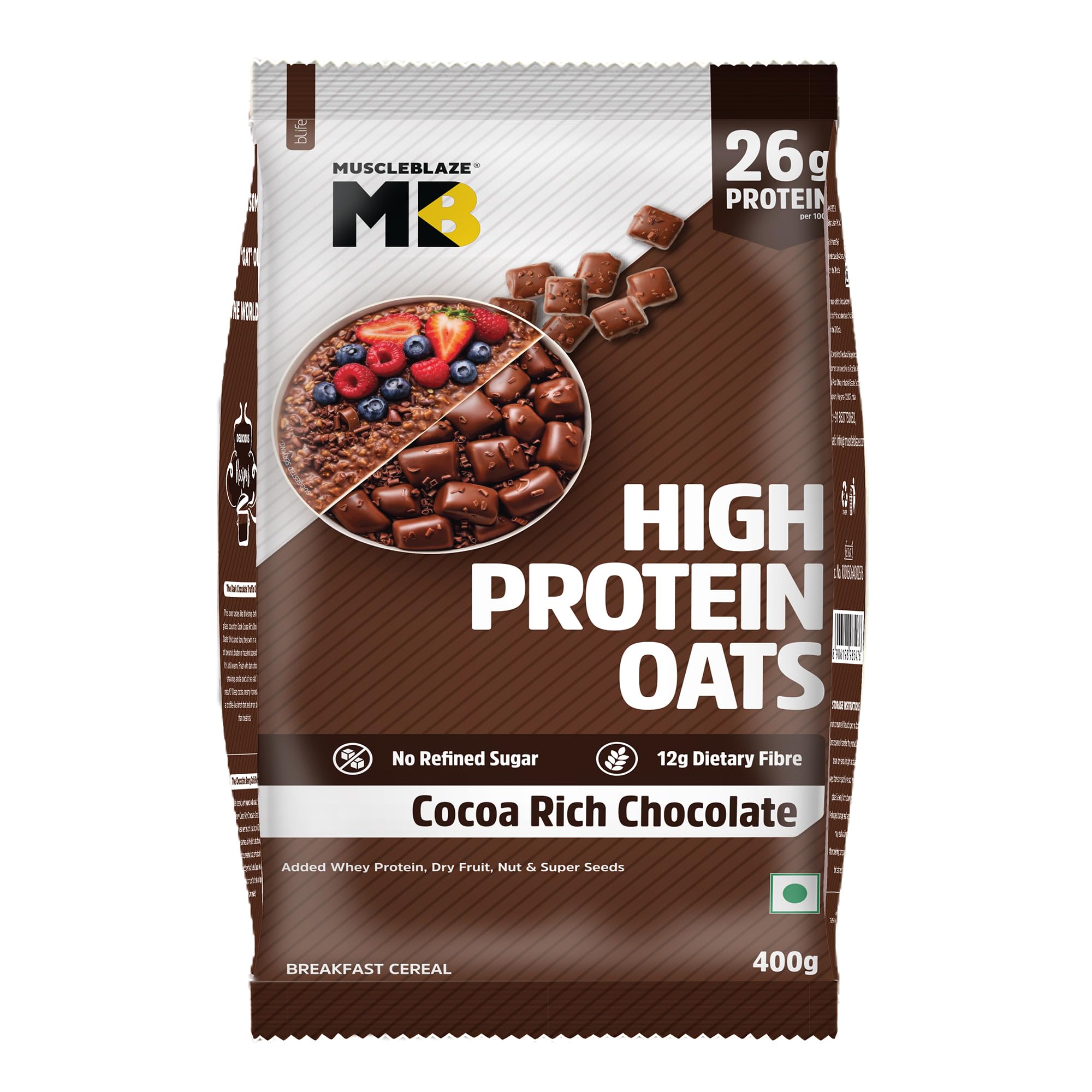 MuscleBlaze High Protein Oats, Cocoa Rich Chocolate Flavor, 400g, Whey Protein Concentrate, Breakfast Cereal