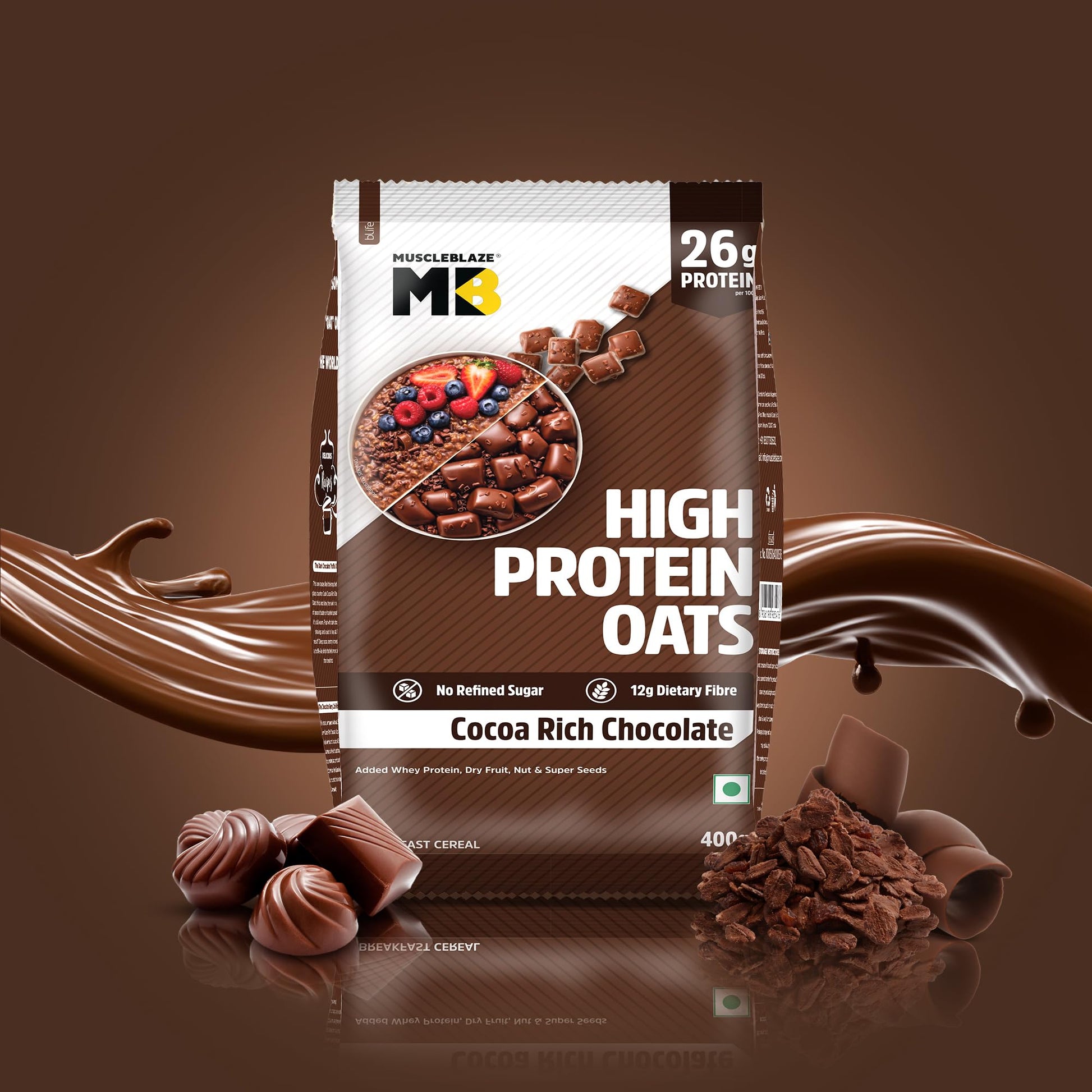 MuscleBlaze High Protein Oats, Cocoa Rich Chocolate Flavor, 400g, Whey Protein Concentrate, Breakfast Cereal - front view