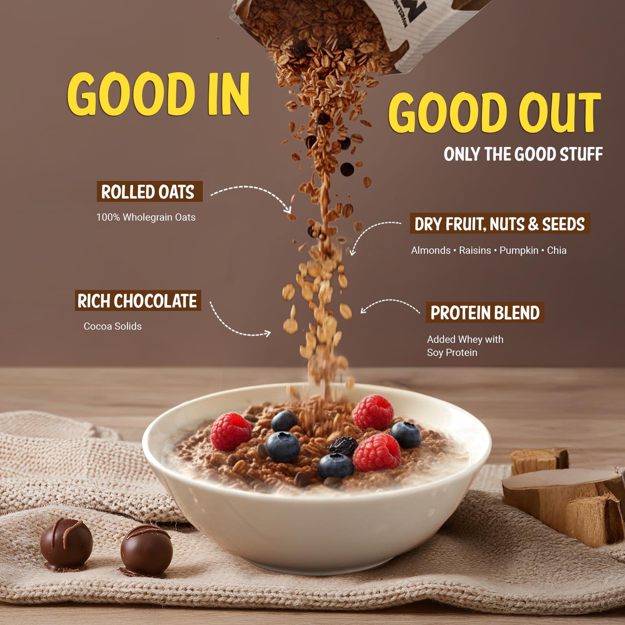 MuscleBlaze High Protein Oats, Cocoa Rich Chocolate Flavor, 400g, Whey Protein Concentrate, Breakfast Cereal - packaging