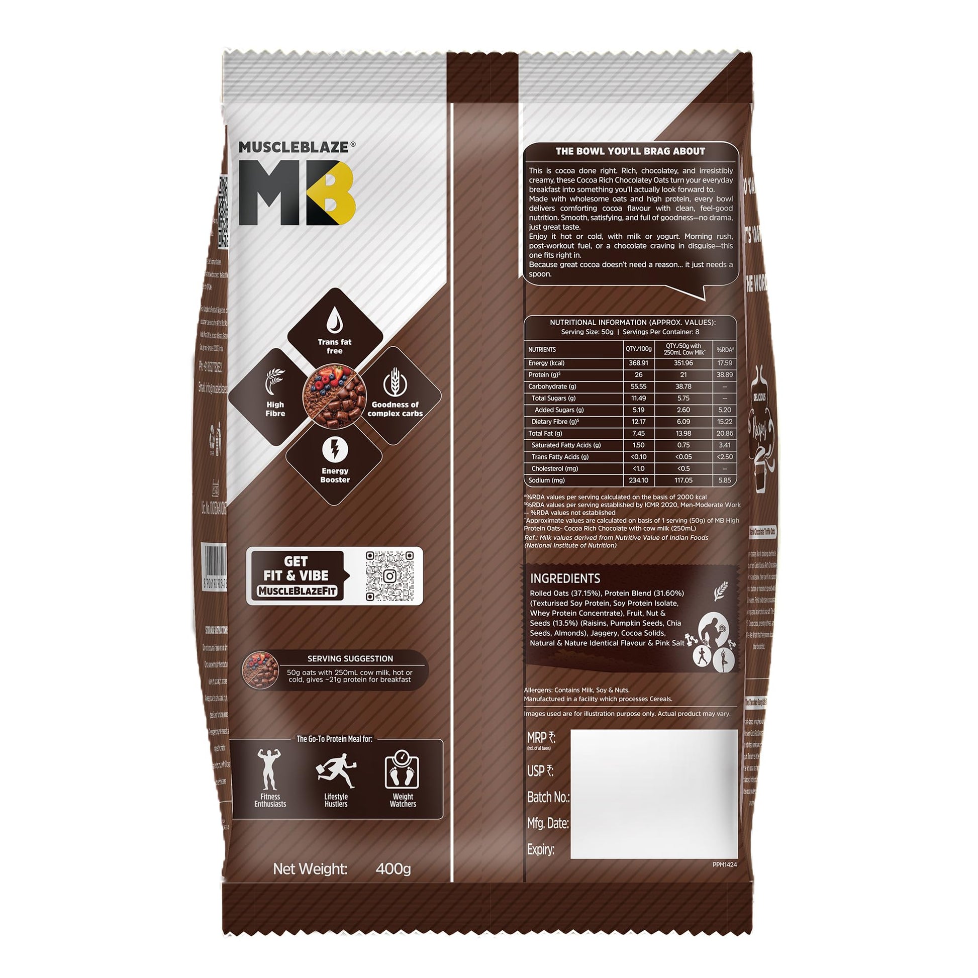 MuscleBlaze High Protein Oats, Cocoa Rich Chocolate Flavor, 400g, Whey Protein Concentrate, Breakfast Cereal - ingredients pa
