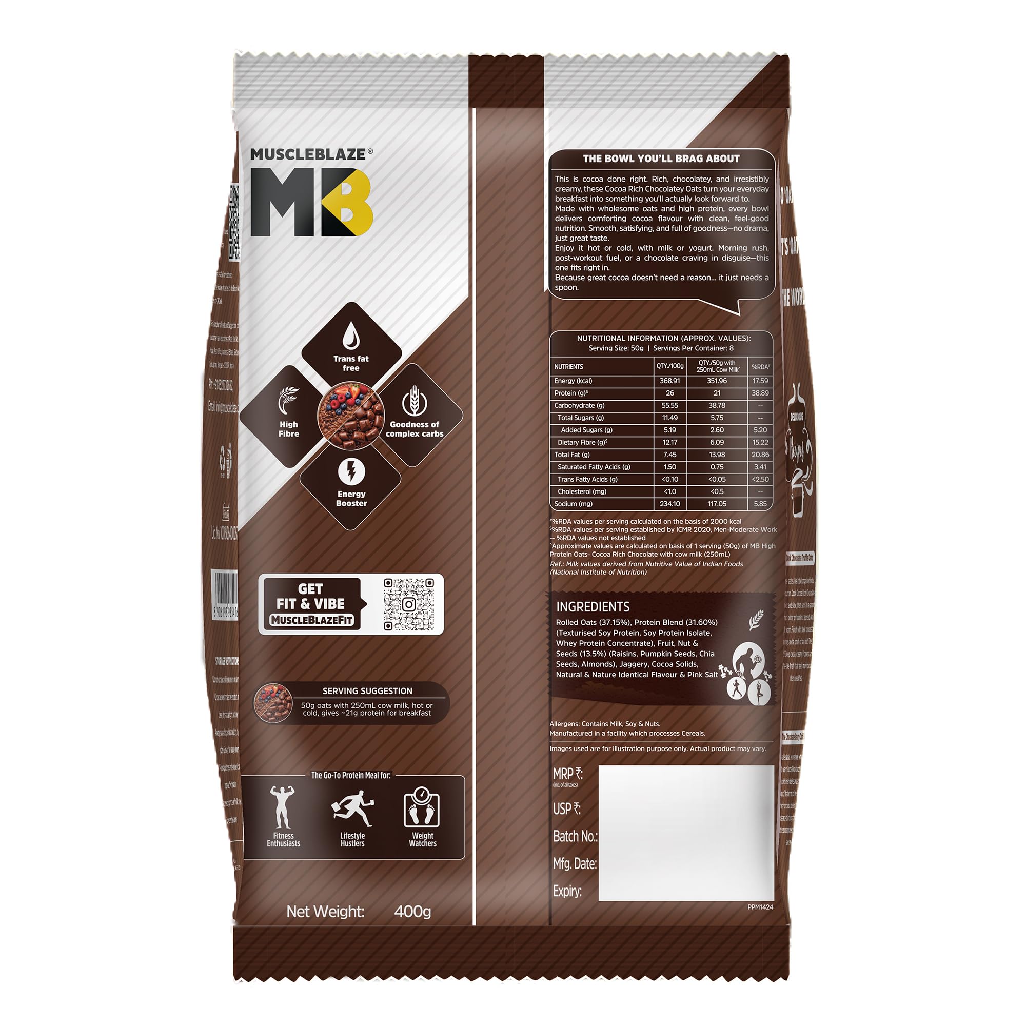 MuscleBlaze High Protein Oats, Cocoa Rich Chocolate Flavor, 400g, Whey Protein Concentrate, Breakfast Cereal - ingredients pa