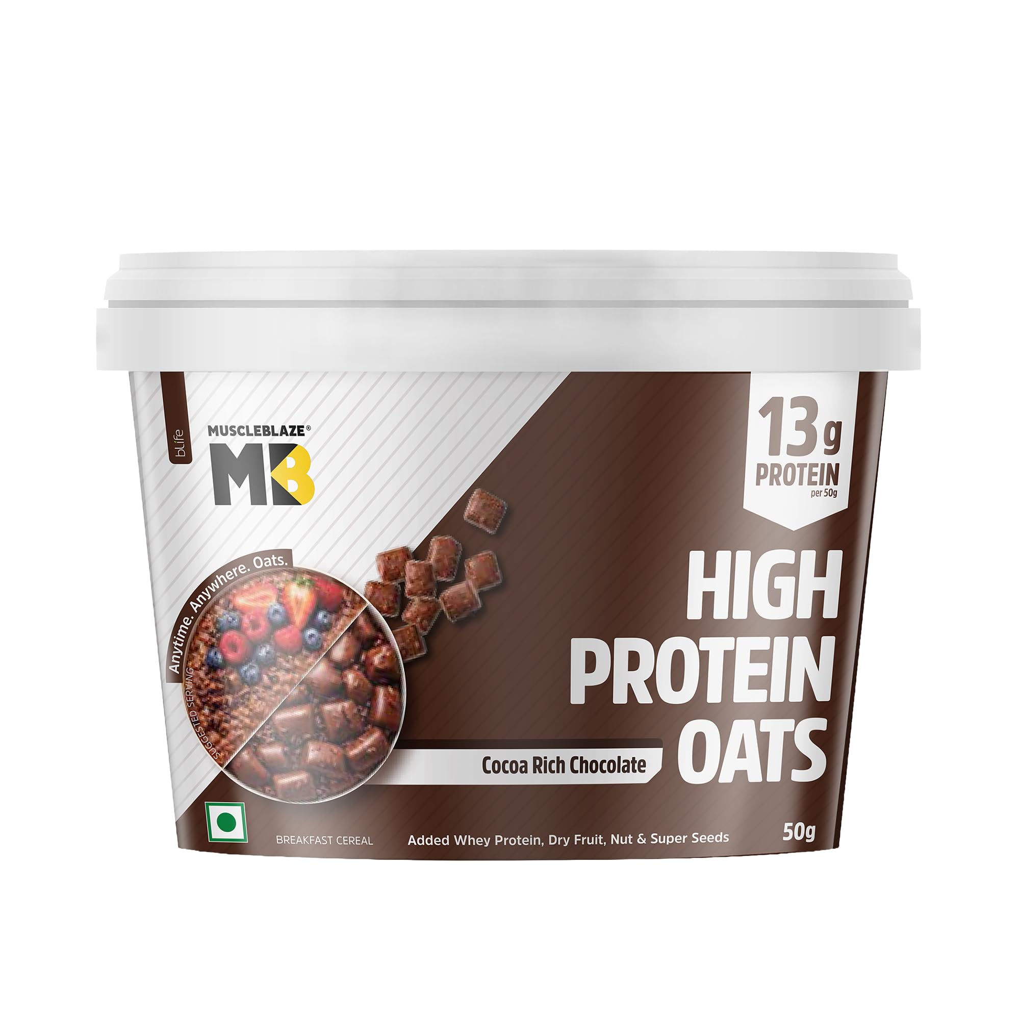 MuscleBlaze High Protein Oats with Whey Protein Concentrate, Cocoa Rich Chocolate Flavor, 50g Single Pack