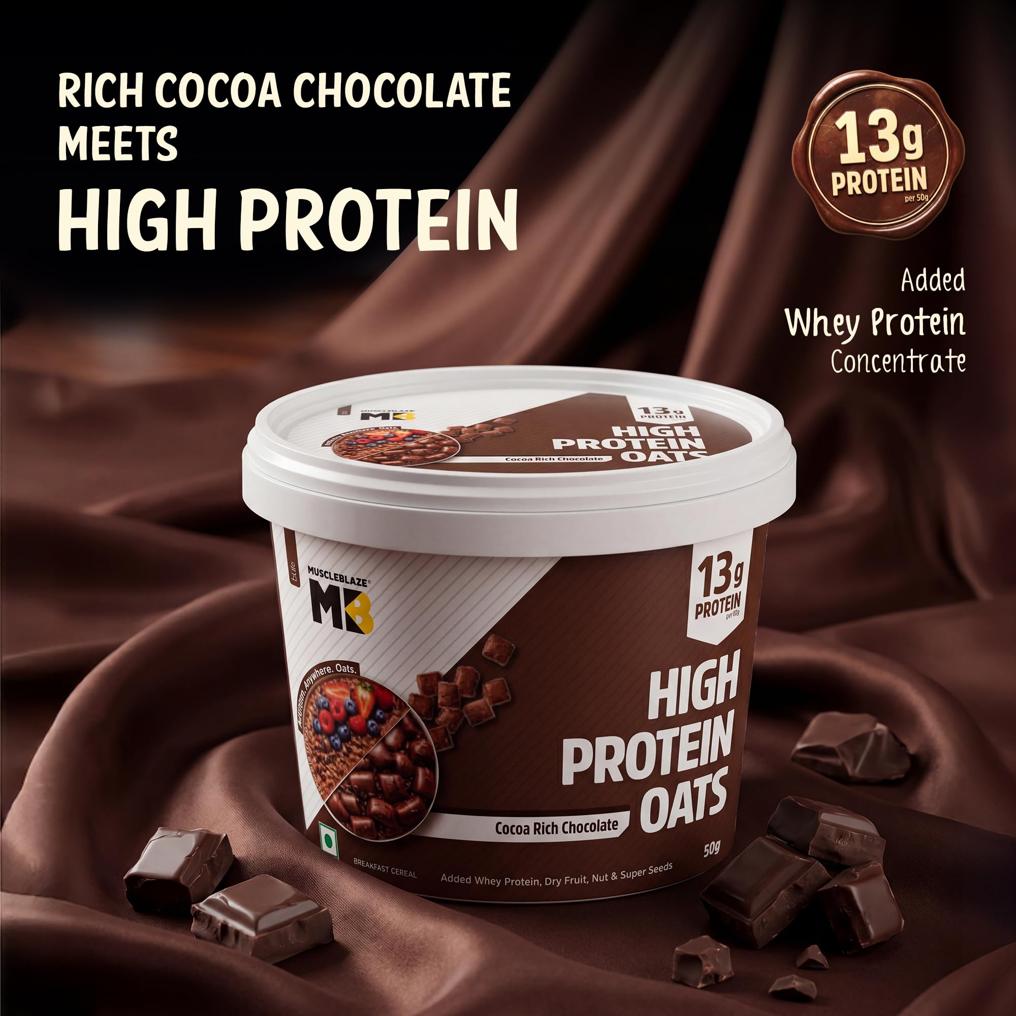 MuscleBlaze High Protein Oats with Whey Protein Concentrate, Cocoa Rich Chocolate Flavor, 50g Single Pack - front view