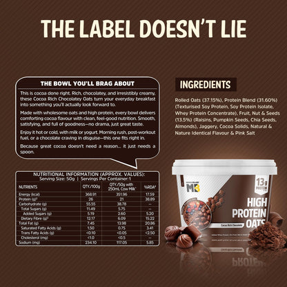MuscleBlaze High Protein Oats with Whey Protein Concentrate, Cocoa Rich Chocolate Flavor, 50g Single Pack - ingredients panel