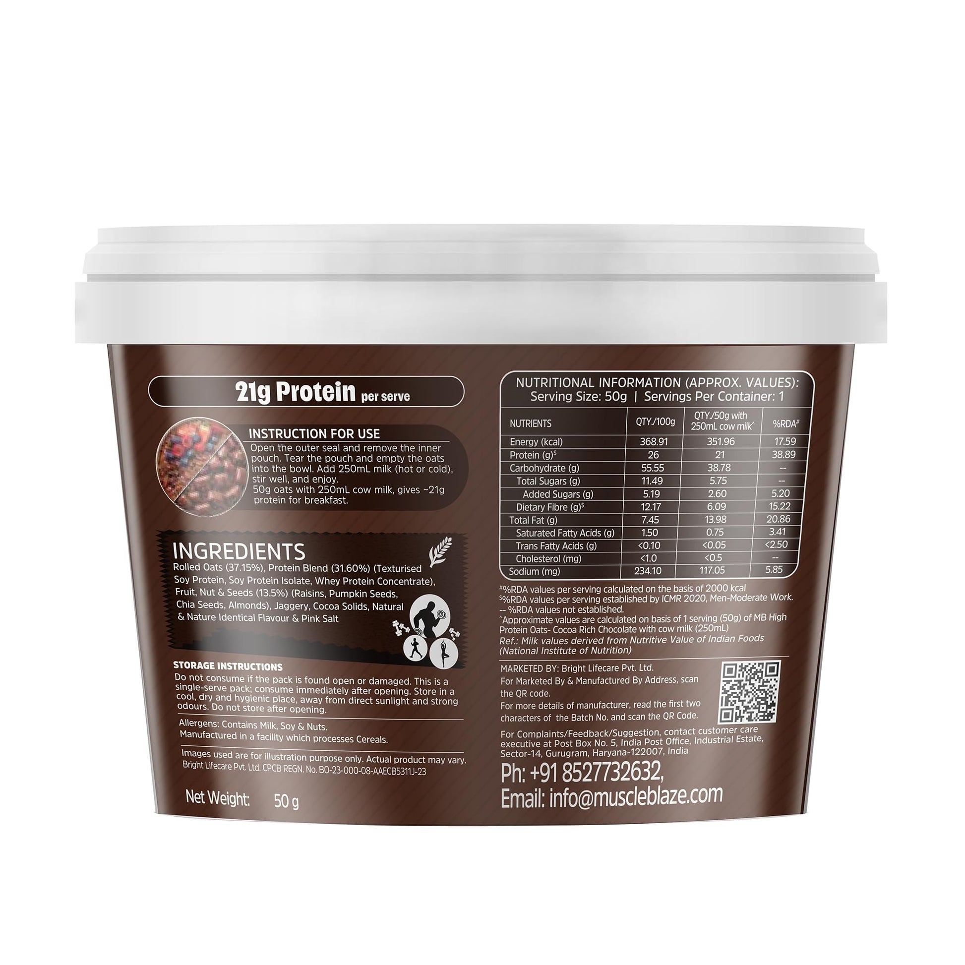 MuscleBlaze High Protein Oats with Whey Protein Concentrate, Cocoa Rich Chocolate Flavor, 50g Single Pack - close-up detail