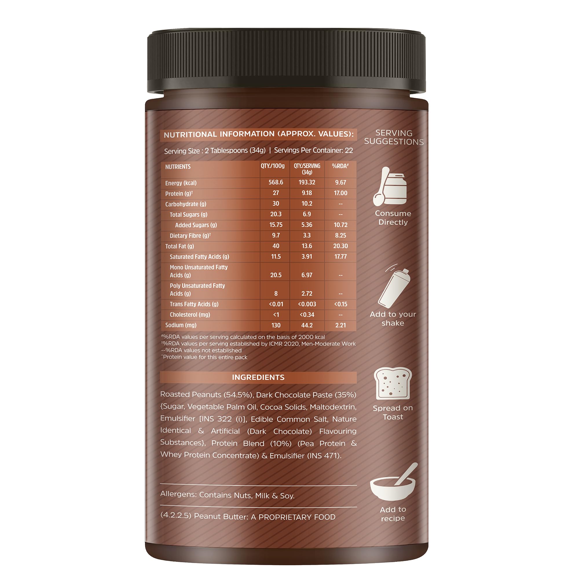 MuscleBlaze High Protein Peanut Butter Dark Chocolate Creamy Spread, Pack of 1 - close-up detail (14)