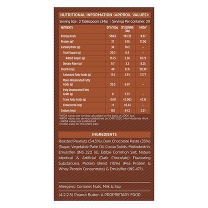 MuscleBlaze High Protein Peanut Butter Dark Chocolate Creamy Spread, Pack of 1 - back view