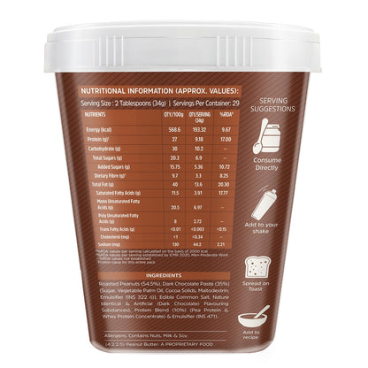 MuscleBlaze High Protein Peanut Butter Dark Chocolate Creamy Spread, Pack of 1 - ingredients panel