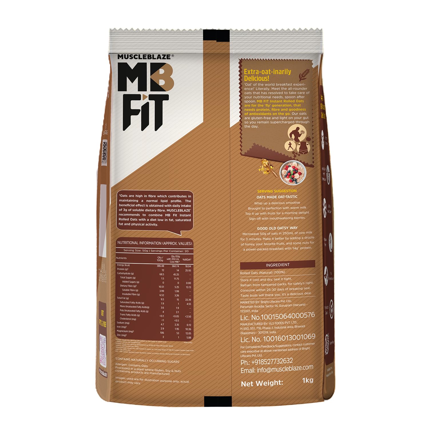MuscleBlaze Instant Oats, Unflavoured, 1kg, High Fibre Rolled Oats Cereal, No Added Sugar - back view