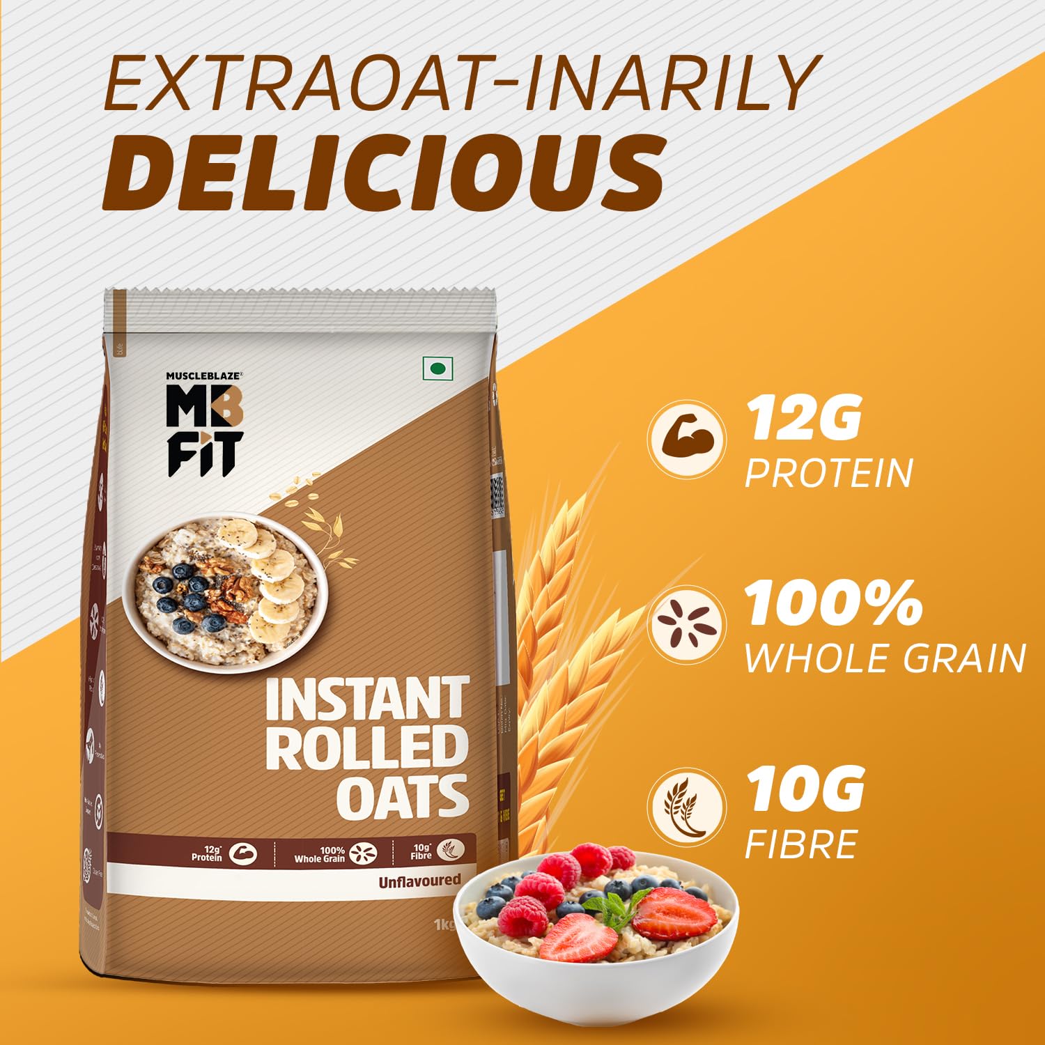MuscleBlaze Instant Oats, Unflavoured, 1kg, High Fibre Rolled Oats Cereal, No Added Sugar - packaging