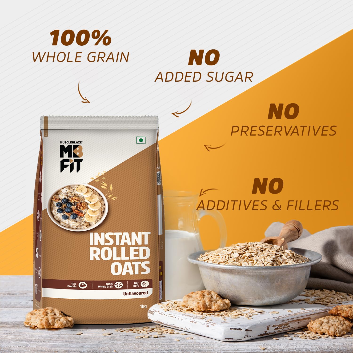 MuscleBlaze Instant Oats, Unflavoured, 1kg, High Fibre Rolled Oats Cereal, No Added Sugar - label detail