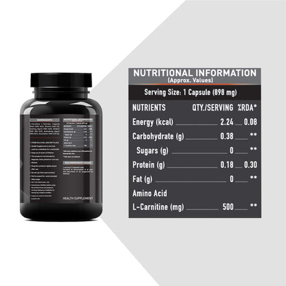 MuscleBlaze L-Carnitine L-Tartrate Carnitine Supplement, 500mg Unflavoured Adult Capsules - front view