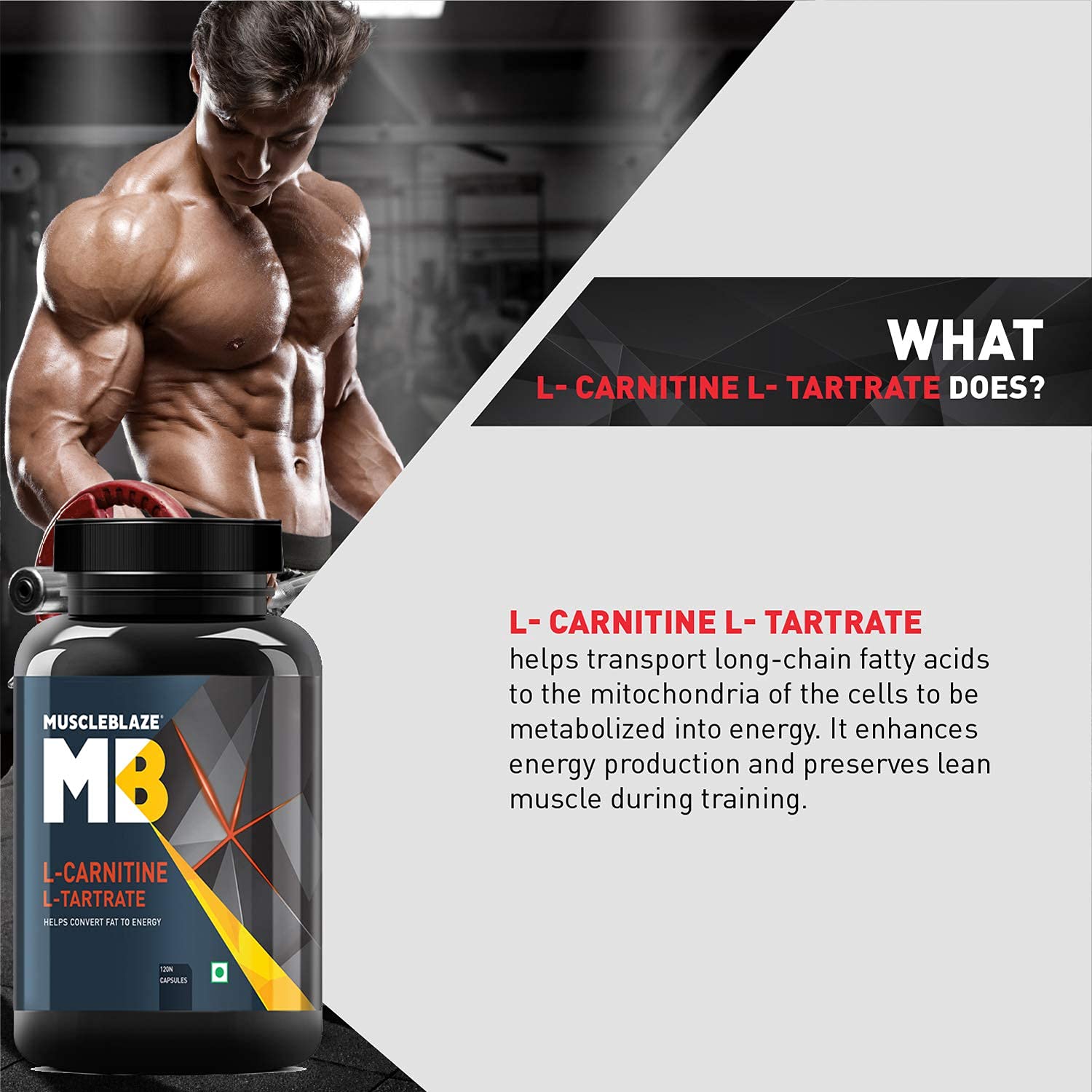 MuscleBlaze L-Carnitine L-Tartrate Carnitine Supplement, 500mg Unflavoured Adult Capsules - label detail (12)