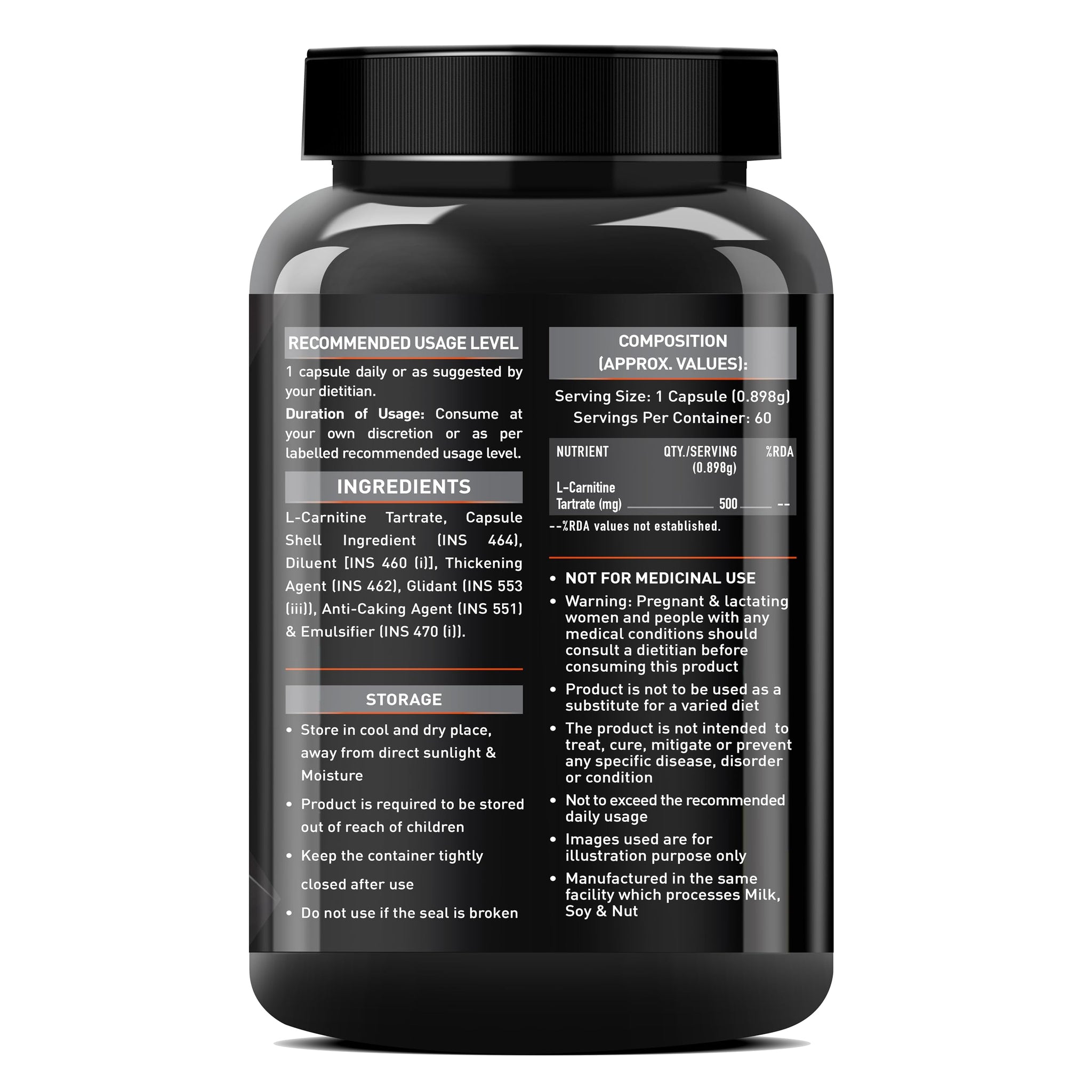 MuscleBlaze L-Carnitine L-Tartrate Carnitine Supplement, 500mg Unflavoured Adult Capsules - back view