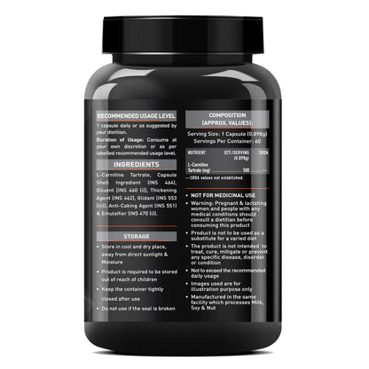 MuscleBlaze L-Carnitine L-Tartrate Carnitine Supplement, 500mg Unflavoured Adult Capsules - back view