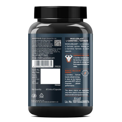 MuscleBlaze L-Carnitine L-Tartrate Carnitine Supplement, 500mg Unflavoured Adult Capsules - packaging