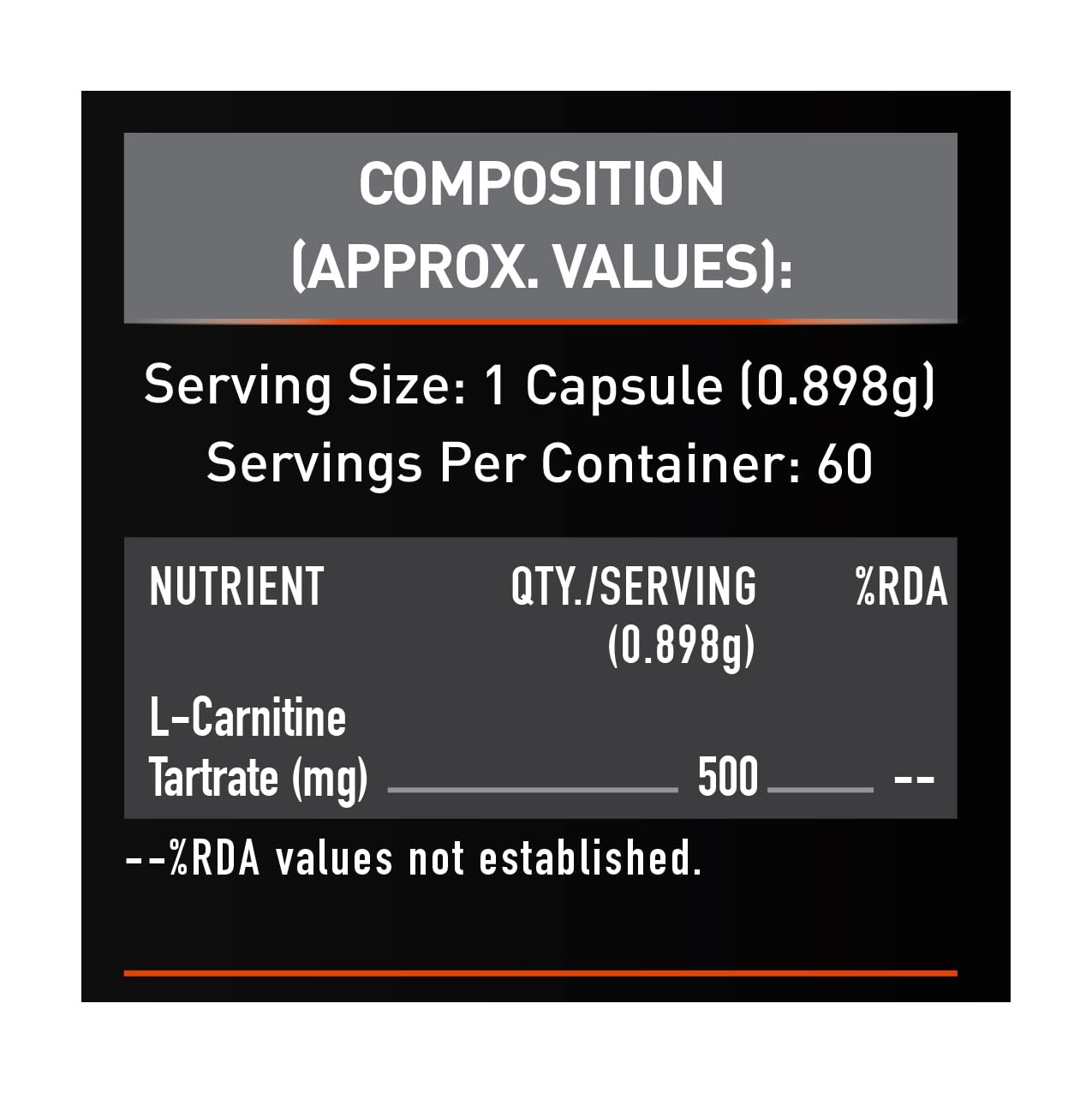 MuscleBlaze L-Carnitine L-Tartrate Carnitine Supplement, 500mg Unflavoured Adult Capsules - label detail