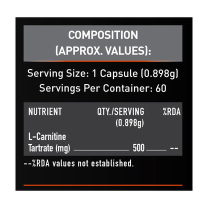 MuscleBlaze L-Carnitine L-Tartrate Carnitine Supplement, 500mg Unflavoured Adult Capsules - label detail