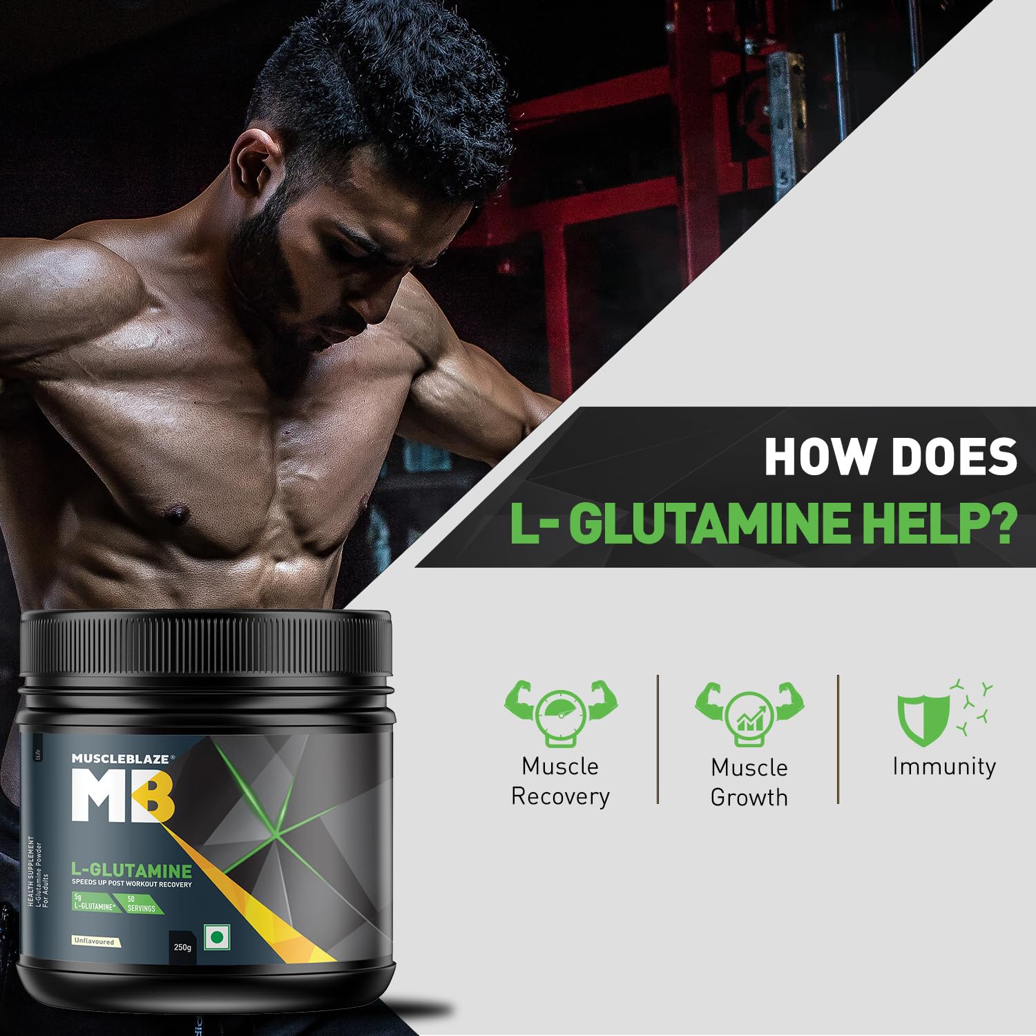 MuscleBlaze L-Glutamine Powder, 250g, 41 Servings, Pack of 1, Unisex Adult Nutritional Supplement - front view (11)