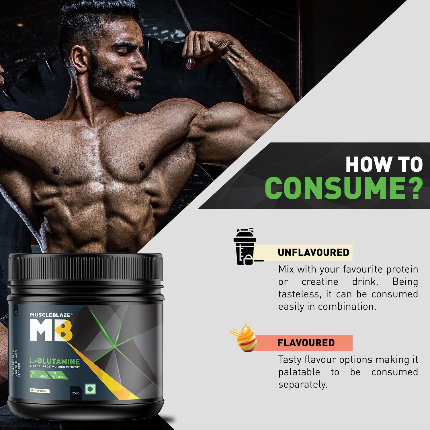 MuscleBlaze L-Glutamine Powder, 250g, 41 Servings, Pack of 1, Unisex Adult Nutritional Supplement - back view (12)