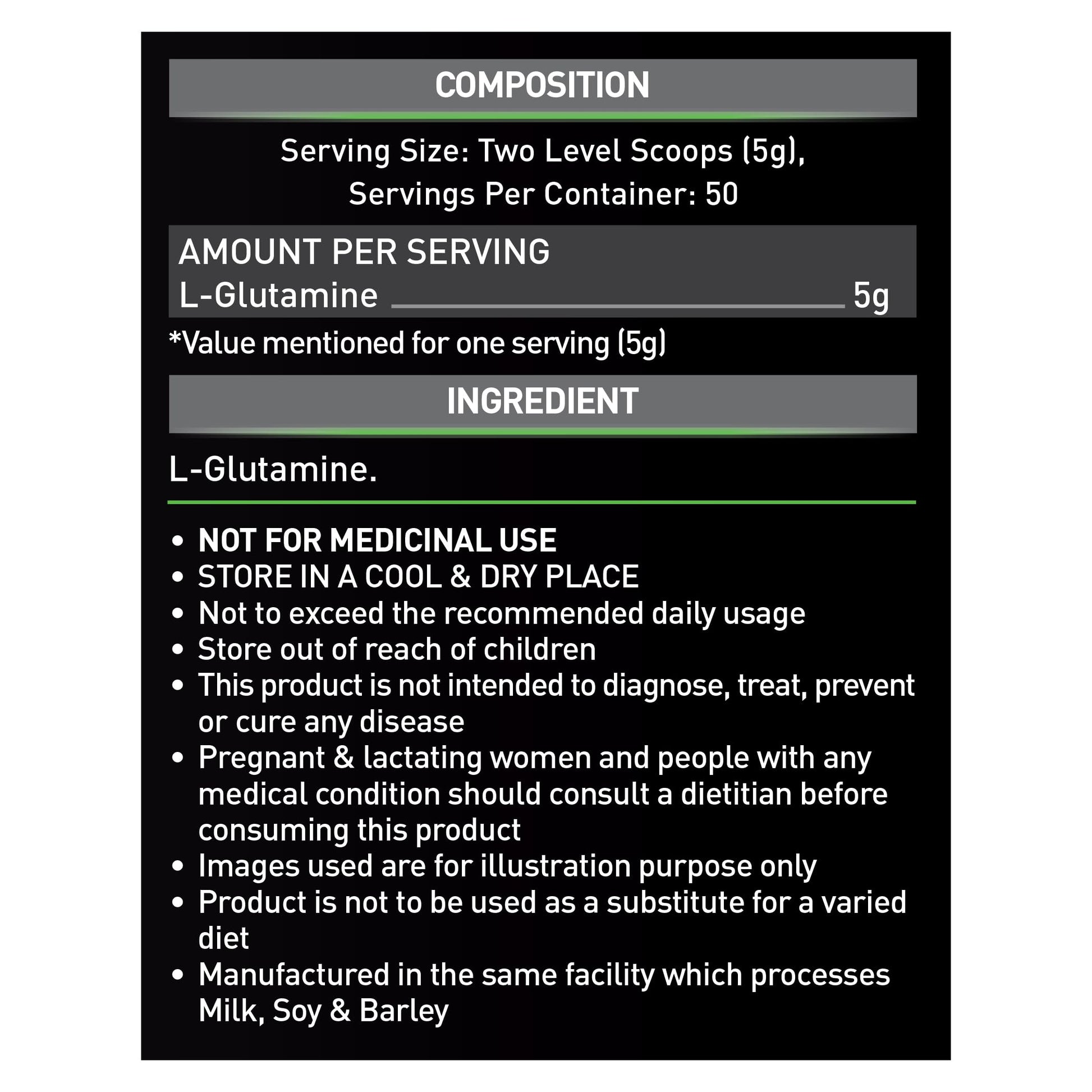 MuscleBlaze L-Glutamine Powder, 250g, 41 Servings, Pack of 1, Unisex Adult Nutritional Supplement - label detail (13)