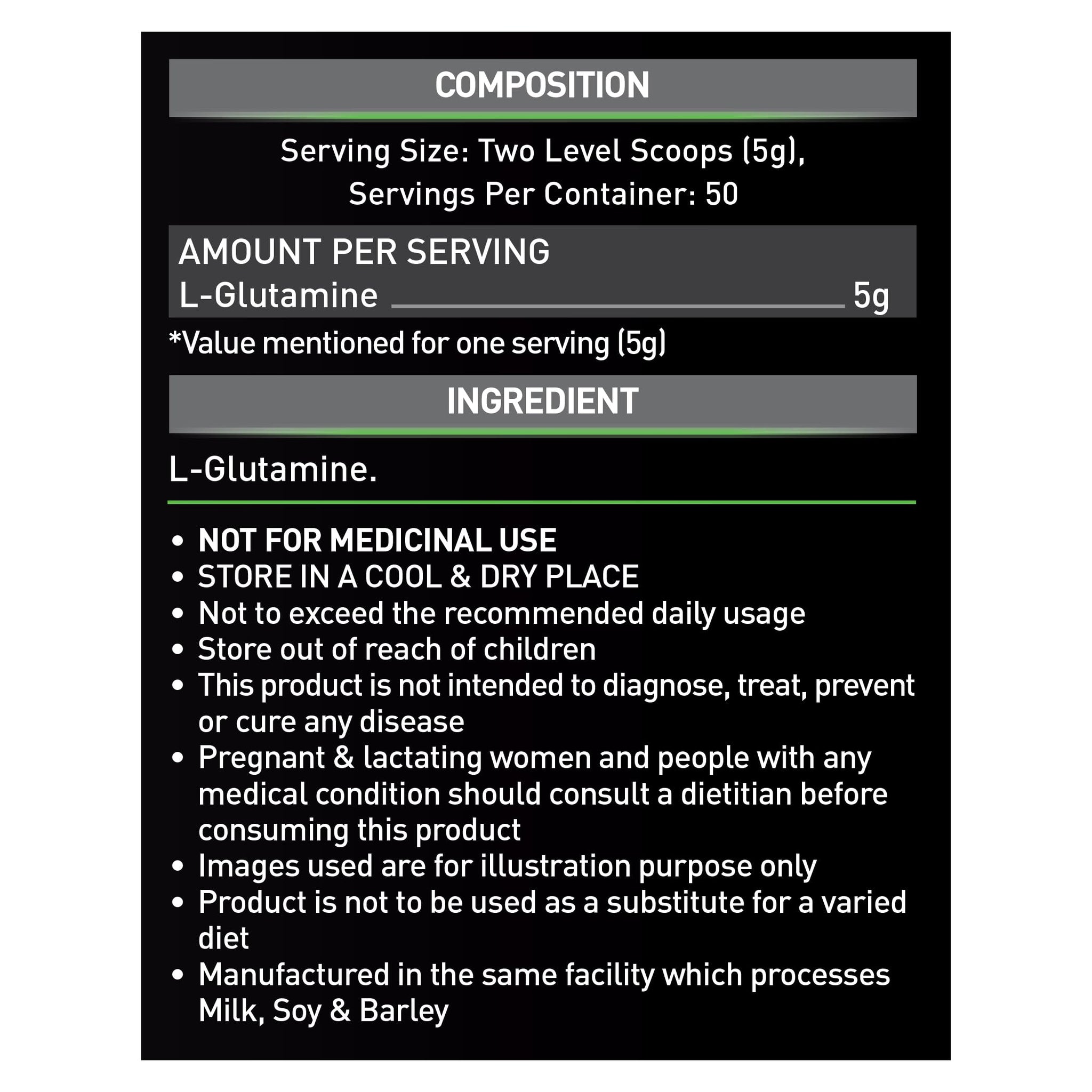 MuscleBlaze L-Glutamine Powder, 250g, 41 Servings, Pack of 1, Unisex Adult Nutritional Supplement - label detail (13)