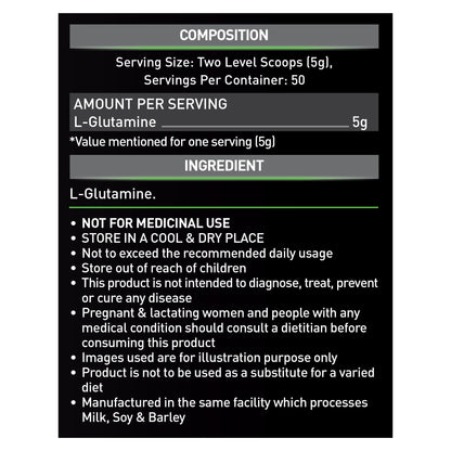 MuscleBlaze L-Glutamine Powder, 250g, 41 Servings, Pack of 1, Unisex Adult Nutritional Supplement - label detail (13)