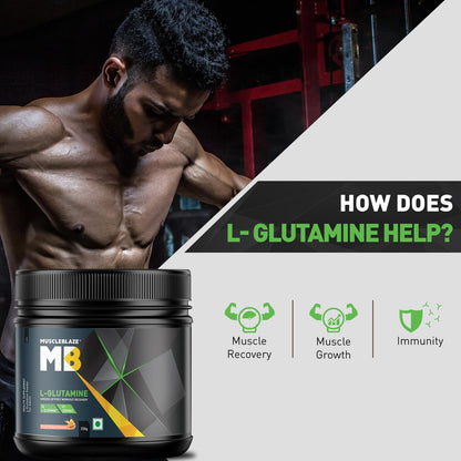MuscleBlaze L-Glutamine Powder, 250g, 41 Servings, Pack of 1, Unisex Adult Nutritional Supplement - front view