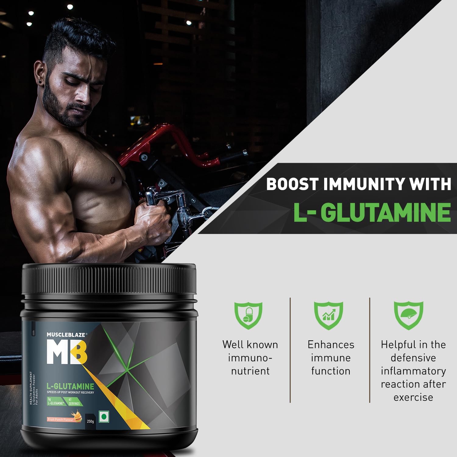 MuscleBlaze L-Glutamine Powder, 250g, 41 Servings, Pack of 1, Unisex Adult Nutritional Supplement - back view
