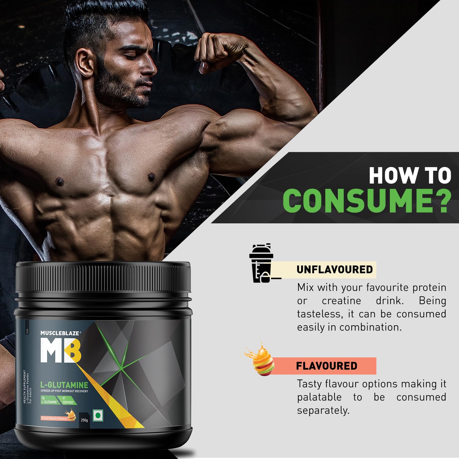 MuscleBlaze L-Glutamine Powder, 250g, 41 Servings, Pack of 1, Unisex Adult Nutritional Supplement - packaging