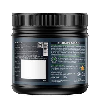 MuscleBlaze L-Glutamine Powder, 250g, 41 Servings, Pack of 1, Unisex Adult Nutritional Supplement - close-up detail