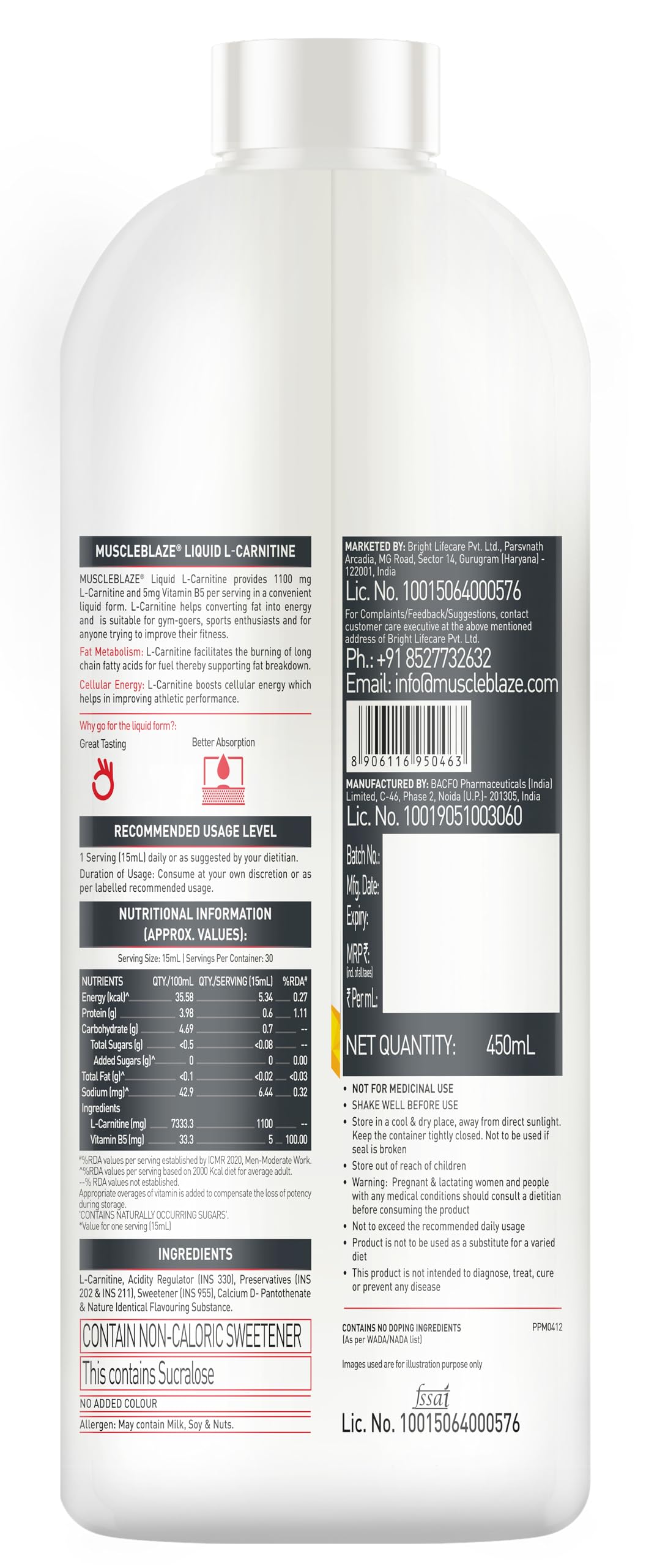 MuscleBlaze Liquid L-Carnitine 1100mg, 450ml, Adult Unisex Nutritional Supplement - close-up detail (14)