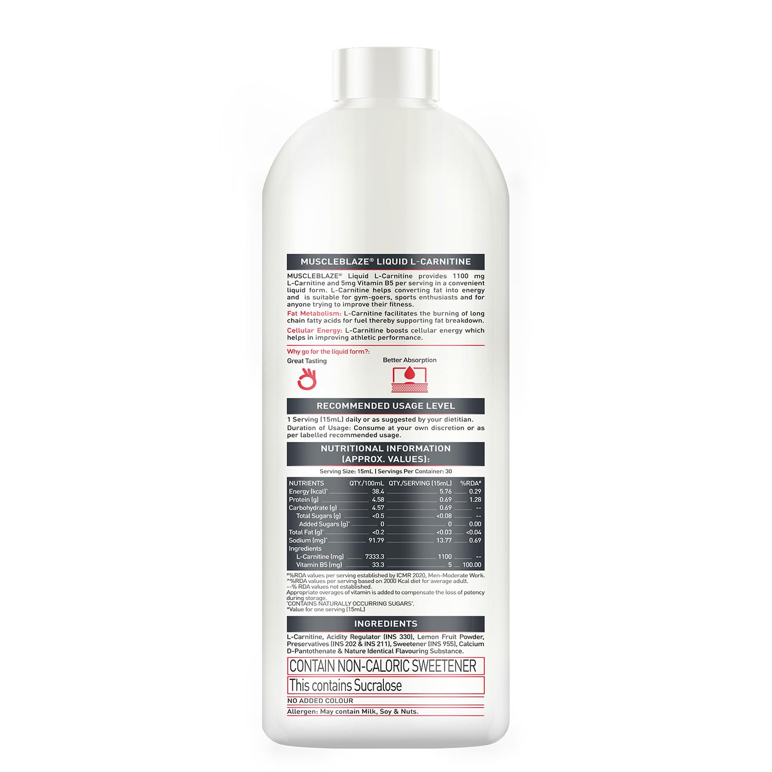 MuscleBlaze Liquid L-Carnitine 1100mg, 450ml, Adult Unisex Nutritional Supplement - back view