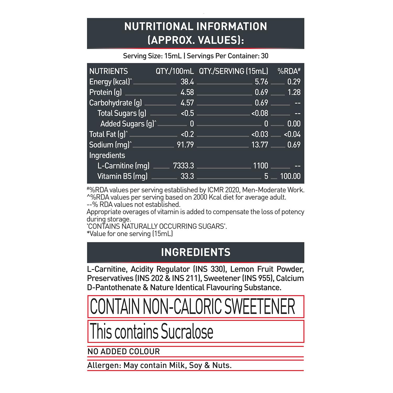 MuscleBlaze Liquid L-Carnitine 1100mg, 450ml, Adult Unisex Nutritional Supplement - label detail