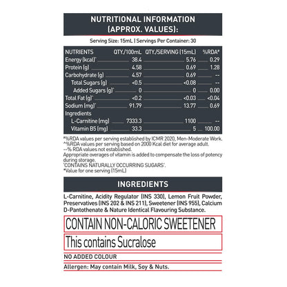 MuscleBlaze Liquid L-Carnitine 1100mg, 450ml, Adult Unisex Nutritional Supplement - label detail