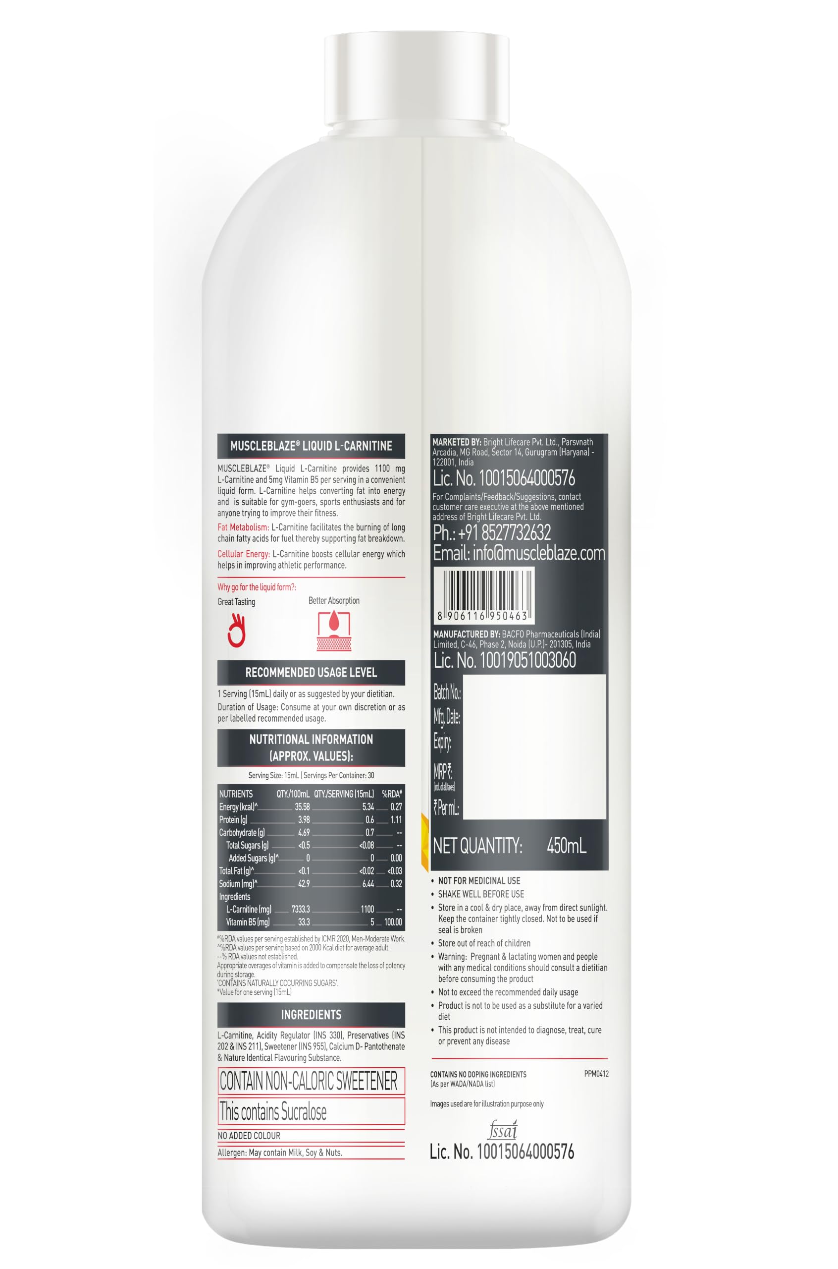 MuscleBlaze Liquid L-Carnitine 1100mg, Tangy Orange, 450ml, 30 Servings - ingredients panel