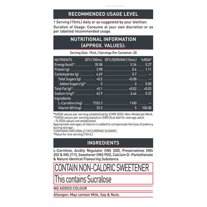 MuscleBlaze Liquid L-Carnitine 1100mg, Tangy Orange, 450ml, 30 Servings - close-up detail