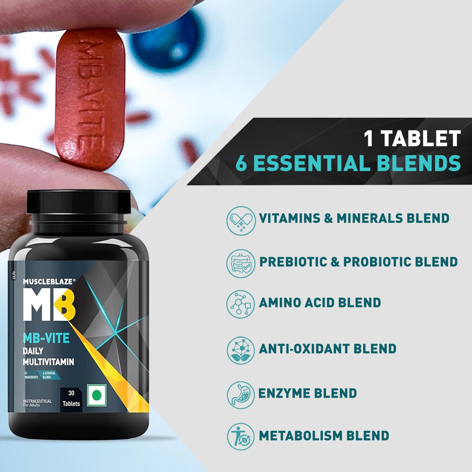 MuscleBlaze MB-Vite Daily Multivitamin, 30 Tablets, 51 Ingredients & 6 Blends, FSSAI & HACCP Certified - packaging