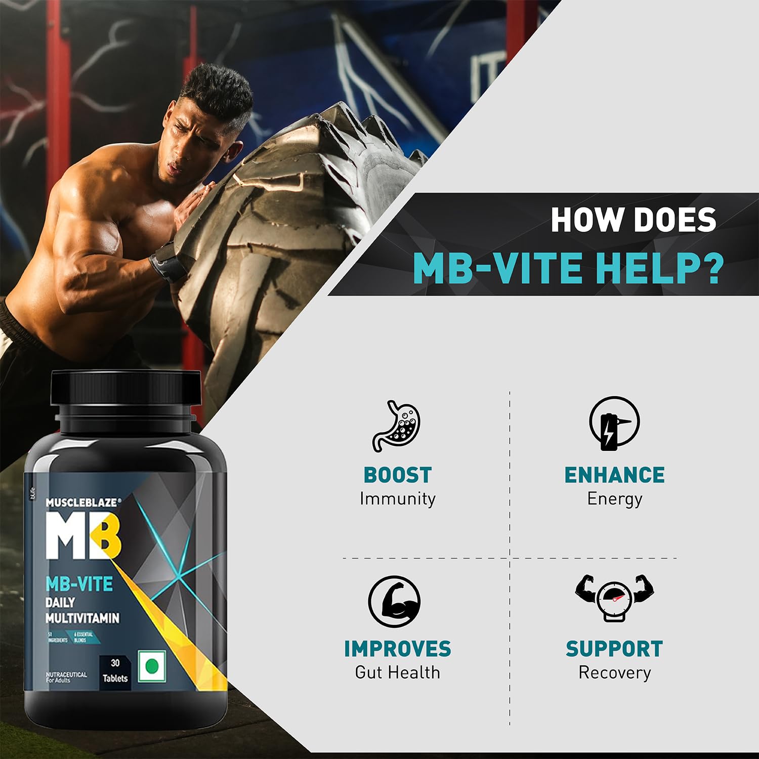 MuscleBlaze MB-Vite Daily Multivitamin, 30 Tablets, 51 Ingredients & 6 Blends, FSSAI & HACCP Certified - label detail