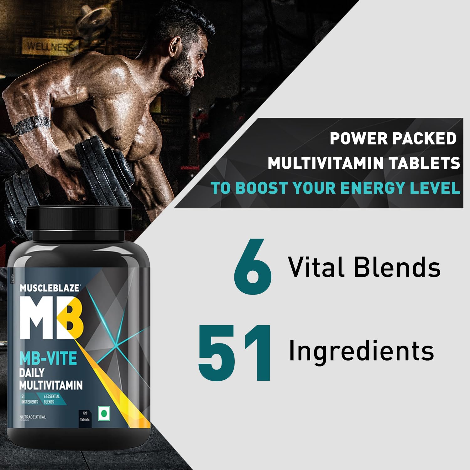 MuscleBlaze MB-Vite Daily Multivitamin, 51 Ingredients, Multivitamin Tablets for Adults - front view (32)