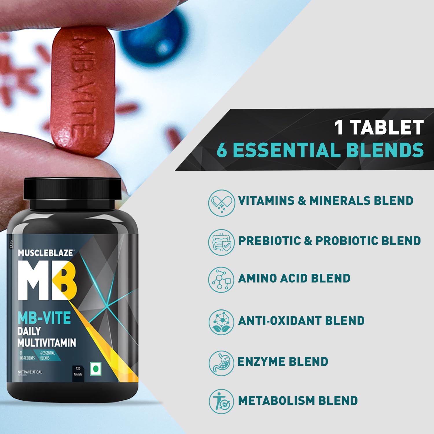 MuscleBlaze MB-Vite Daily Multivitamin, 51 Ingredients, Multivitamin Tablets for Adults - back view (33)