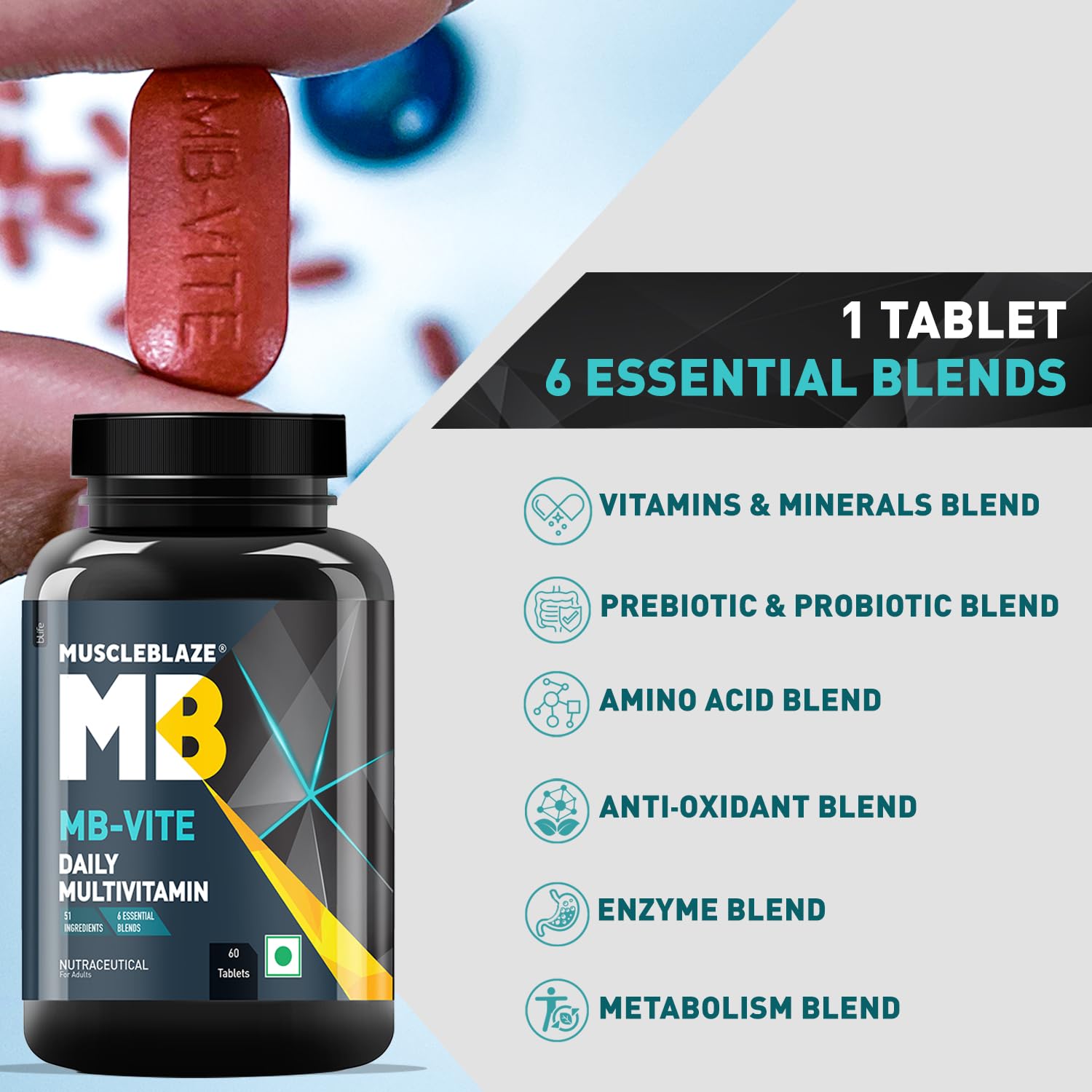 MuscleBlaze MB-Vite Daily Multivitamin, 60 Tablets | 51 Ingredients, 6 Blends | Adult Supplement - packaging